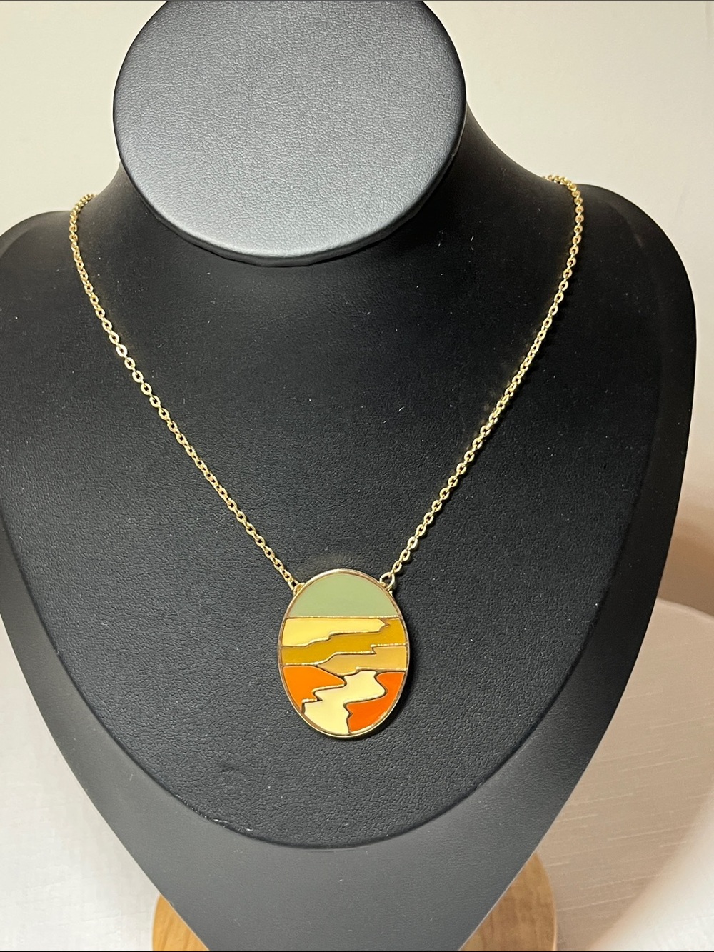 Sarah Coventry Gold-Tone Oval Enamel Necklace in Green, Yellow, and Orange